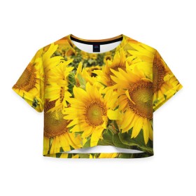 Женская футболка 3D укороченная с принтом Подсолнухи в Белгороде, 100% полиэстер | круглая горловина, длина футболки до линии талии, рукава с отворотами | желтый | солнце | цветок | яркий