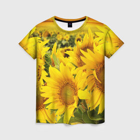 Женская футболка 3D с принтом Подсолнухи в Белгороде, 100% полиэфир ( синтетическое хлопкоподобное полотно) | прямой крой, круглый вырез горловины, длина до линии бедер | желтый | солнце | цветок | яркий