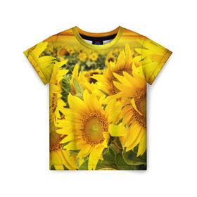 Детская футболка 3D с принтом Подсолнухи в Белгороде, 100% гипоаллергенный полиэфир | прямой крой, круглый вырез горловины, длина до линии бедер, чуть спущенное плечо, ткань немного тянется | Тематика изображения на принте: желтый | солнце | цветок | яркий