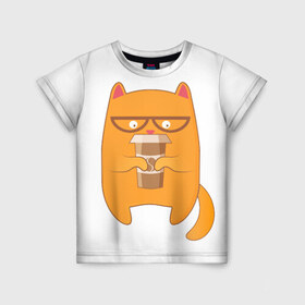 Детская футболка 3D с принтом Кот хипстер в Белгороде, 100% гипоаллергенный полиэфир | прямой крой, круглый вырез горловины, длина до линии бедер, чуть спущенное плечо, ткань немного тянется | арт | иллюстрация | кот | кофе | кофемания | пончик | хипстер