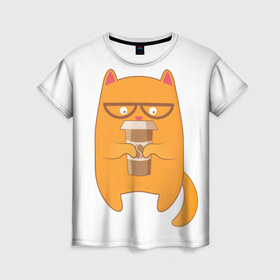 Женская футболка 3D с принтом Кот хипстер в Белгороде, 100% полиэфир ( синтетическое хлопкоподобное полотно) | прямой крой, круглый вырез горловины, длина до линии бедер | арт | иллюстрация | кот | кофе | кофемания | пончик | хипстер