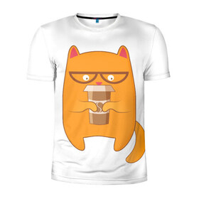 Мужская футболка 3D спортивная с принтом Кот хипстер в Белгороде, 100% полиэстер с улучшенными характеристиками | приталенный силуэт, круглая горловина, широкие плечи, сужается к линии бедра | арт | иллюстрация | кот | кофе | кофемания | пончик | хипстер