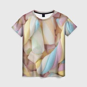 Женская футболка 3D с принтом Зефир в Белгороде, 100% полиэфир ( синтетическое хлопкоподобное полотно) | прямой крой, круглый вырез горловины, длина до линии бедер | candy | еда | зефир | конфеты | мармелад | сладкое