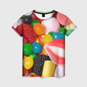 Женская футболка 3D с принтом Сладости в Белгороде, 100% полиэфир ( синтетическое хлопкоподобное полотно) | прямой крой, круглый вырез горловины, длина до линии бедер | candy | еда | конфеты | мармелад | сладкое