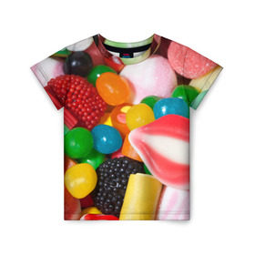 Детская футболка 3D с принтом Сладости в Белгороде, 100% гипоаллергенный полиэфир | прямой крой, круглый вырез горловины, длина до линии бедер, чуть спущенное плечо, ткань немного тянется | candy | еда | конфеты | мармелад | сладкое
