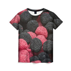 Женская футболка 3D с принтом Ягодки в Белгороде, 100% полиэфир ( синтетическое хлопкоподобное полотно) | прямой крой, круглый вырез горловины, длина до линии бедер | candy | vegan | веган | вегетарианство | еда | конфеты | мармелад | сладкое