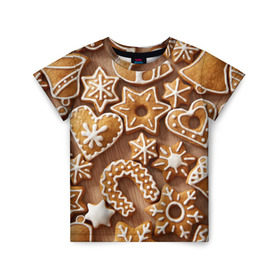 Детская футболка 3D с принтом печенье в Белгороде, 100% гипоаллергенный полиэфир | прямой крой, круглый вырез горловины, длина до линии бедер, чуть спущенное плечо, ткань немного тянется | christmas | cookies | decoration | merry | xmas | выпечка | глазурь | новый год | рождество | сладко
