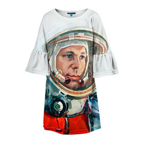 Детское платье 3D с принтом Гагарин в Белгороде, 100% полиэстер | прямой силуэт, чуть расширенный к низу. Круглая горловина, на рукавах — воланы | Тематика изображения на принте: space | гагарин | космос | россия