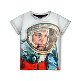 Детская футболка 3D с принтом Гагарин в Белгороде, 100% гипоаллергенный полиэфир | прямой крой, круглый вырез горловины, длина до линии бедер, чуть спущенное плечо, ткань немного тянется | Тематика изображения на принте: space | гагарин | космос | россия