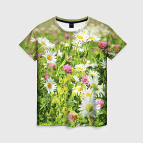 Женская футболка 3D с принтом Полевые цветы 3 в Белгороде, 100% полиэфир ( синтетическое хлопкоподобное полотно) | прямой крой, круглый вырез горловины, длина до линии бедер | поле | полевые цветы | цветы