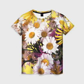 Женская футболка 3D с принтом Полевые цветы 4 в Белгороде, 100% полиэфир ( синтетическое хлопкоподобное полотно) | прямой крой, круглый вырез горловины, длина до линии бедер | поле | полевые цветы | цветы