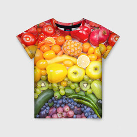 Детская футболка 3D с принтом Плоды в Белгороде, 100% гипоаллергенный полиэфир | прямой крой, круглый вырез горловины, длина до линии бедер, чуть спущенное плечо, ткань немного тянется | овощи | фрукты | ягоды