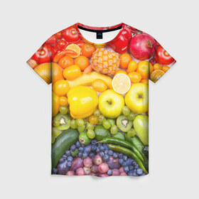 Женская футболка 3D с принтом Плоды в Белгороде, 100% полиэфир ( синтетическое хлопкоподобное полотно) | прямой крой, круглый вырез горловины, длина до линии бедер | овощи | фрукты | ягоды