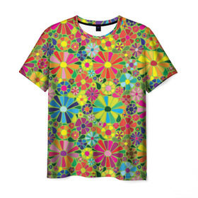 Мужская футболка 3D с принтом Узор из цветов в Белгороде, 100% полиэфир | прямой крой, круглый вырез горловины, длина до линии бедер | паттерн | разноцветный | рстительный