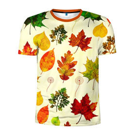 Мужская футболка 3D спортивная с принтом Осень в Белгороде, 100% полиэстер с улучшенными характеристиками | приталенный силуэт, круглая горловина, широкие плечи, сужается к линии бедра | листва | листья | осень | оформление | пёстрые листочки | слой | текстура | трайбл | узор | фон