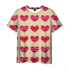 Мужская футболка 3D с принтом Шерстяные сердечки в Белгороде, 100% полиэфир | прямой крой, круглый вырез горловины, длина до линии бедер | Тематика изображения на принте: вязание | вязаный | паттерн | текстура | узор