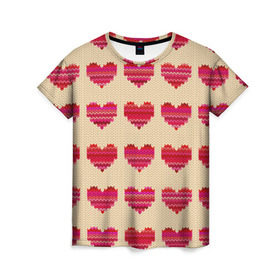 Женская футболка 3D с принтом Шерстяные сердечки в Белгороде, 100% полиэфир ( синтетическое хлопкоподобное полотно) | прямой крой, круглый вырез горловины, длина до линии бедер | Тематика изображения на принте: вязание | вязаный | паттерн | текстура | узор