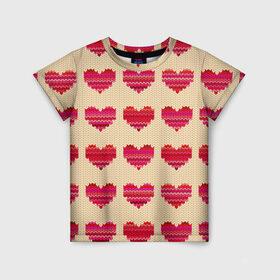 Детская футболка 3D с принтом Шерстяные сердечки в Белгороде, 100% гипоаллергенный полиэфир | прямой крой, круглый вырез горловины, длина до линии бедер, чуть спущенное плечо, ткань немного тянется | вязание | вязаный | паттерн | текстура | узор