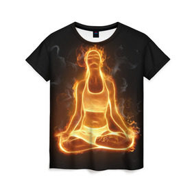 Женская футболка 3D с принтом Пламенная медитация в Белгороде, 100% полиэфир ( синтетическое хлопкоподобное полотно) | прямой крой, круглый вырез горловины, длина до линии бедер | аштанга | здоровье | зож | йога | кундалини | лотос | медитация | огонь | пламя | силуэт | спорт | страсть | тонус