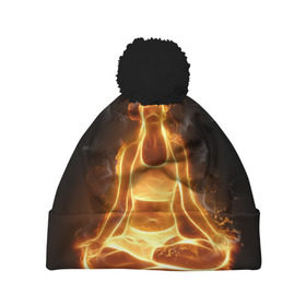 Шапка 3D c помпоном с принтом Пламенная медитация в Белгороде, 100% полиэстер | универсальный размер, печать по всей поверхности изделия | аштанга | здоровье | зож | йога | кундалини | лотос | медитация | огонь | пламя | силуэт | спорт | страсть | тонус