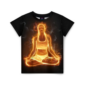 Детская футболка 3D с принтом Пламенная медитация в Белгороде, 100% гипоаллергенный полиэфир | прямой крой, круглый вырез горловины, длина до линии бедер, чуть спущенное плечо, ткань немного тянется | аштанга | здоровье | зож | йога | кундалини | лотос | медитация | огонь | пламя | силуэт | спорт | страсть | тонус