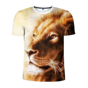 Мужская футболка 3D спортивная с принтом Лев в Белгороде, 100% полиэстер с улучшенными характеристиками | приталенный силуэт, круглая горловина, широкие плечи, сужается к линии бедра | власть | джунгли | кошка | лев | мощь | отвага | сила | хищник | храбрость | царь зверей