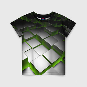 Детская футболка 3D с принтом Куб в Белгороде, 100% гипоаллергенный полиэфир | прямой крой, круглый вырез горловины, длина до линии бедер, чуть спущенное плечо, ткань немного тянется | зеленая | квадрат | куб | текстуры