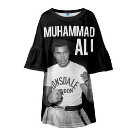 Детское платье 3D с принтом Muhammad Ali в Белгороде, 100% полиэстер | прямой силуэт, чуть расширенный к низу. Круглая горловина, на рукавах — воланы | Тематика изображения на принте: ali | boxing | muhammad ali |   |  muhammad |  бокс | али | боксер | мухамад. мухаммад | мухаммед | мухаммед али