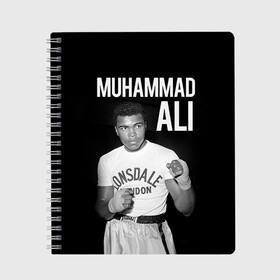 Тетрадь с принтом Muhammad Ali в Белгороде, 100% бумага | 48 листов, плотность листов — 60 г/м2, плотность картонной обложки — 250 г/м2. Листы скреплены сбоку удобной пружинной спиралью. Уголки страниц и обложки скругленные. Цвет линий — светло-серый
 | ali | boxing | muhammad ali |   |  muhammad |  бокс | али | боксер | мухамад. мухаммад | мухаммед | мухаммед али