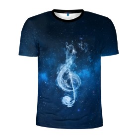 Мужская футболка 3D спортивная с принтом Космическая музыка в Белгороде, 100% полиэстер с улучшенными характеристиками | приталенный силуэт, круглая горловина, широкие плечи, сужается к линии бедра | звезды | ноты | скрипичный ключ