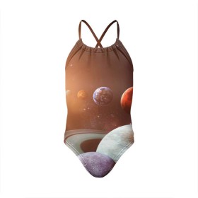 Детский купальник 3D с принтом Планеты солнечной системы в Белгороде, Полиэстер 85%, Спандекс 15% | Слитный крой, подклад по переду изделия, узкие бретели | Тематика изображения на принте: венера | звезды | земля | космос | марс | меркурий | сатурн | солнце | уран | юпитер