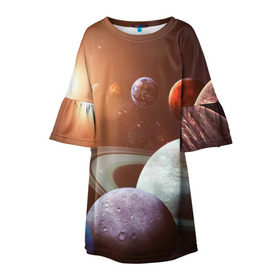 Детское платье 3D с принтом Планеты солнечной системы в Белгороде, 100% полиэстер | прямой силуэт, чуть расширенный к низу. Круглая горловина, на рукавах — воланы | венера | звезды | земля | космос | марс | меркурий | сатурн | солнце | уран | юпитер