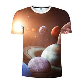Мужская футболка 3D спортивная с принтом Планеты солнечной системы в Белгороде, 100% полиэстер с улучшенными характеристиками | приталенный силуэт, круглая горловина, широкие плечи, сужается к линии бедра | Тематика изображения на принте: венера | звезды | земля | космос | марс | меркурий | сатурн | солнце | уран | юпитер