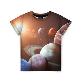 Детская футболка 3D с принтом Планеты солнечной системы в Белгороде, 100% гипоаллергенный полиэфир | прямой крой, круглый вырез горловины, длина до линии бедер, чуть спущенное плечо, ткань немного тянется | Тематика изображения на принте: венера | звезды | земля | космос | марс | меркурий | сатурн | солнце | уран | юпитер