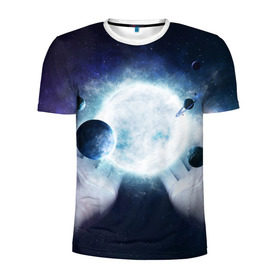 Мужская футболка 3D спортивная с принтом Солнечная система на ладонях в Белгороде, 100% полиэстер с улучшенными характеристиками | приталенный силуэт, круглая горловина, широкие плечи, сужается к линии бедра | вселенная | галактика | звезды | планеты | солнце | туманность