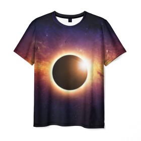 Мужская футболка 3D с принтом Солнечное затмение в Белгороде, 100% полиэфир | прямой крой, круглый вырез горловины, длина до линии бедер | галактика | звёзды | земля | космос | мгла | млечный путь | ночь | орбита | солнечная система | солнечное затмение | солнце | тьма