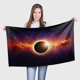 Флаг 3D с принтом Солнечное затмение в Белгороде, 100% полиэстер | плотность ткани — 95 г/м2, размер — 67 х 109 см. Принт наносится с одной стороны | галактика | звёзды | земля | космос | мгла | млечный путь | ночь | орбита | солнечная система | солнечное затмение | солнце | тьма