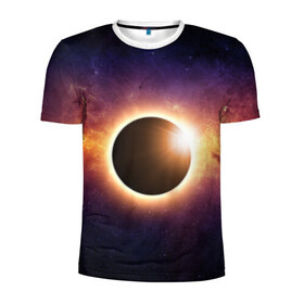 Мужская футболка 3D спортивная с принтом Солнечное затмение в Белгороде, 100% полиэстер с улучшенными характеристиками | приталенный силуэт, круглая горловина, широкие плечи, сужается к линии бедра | галактика | звёзды | земля | космос | мгла | млечный путь | ночь | орбита | солнечная система | солнечное затмение | солнце | тьма