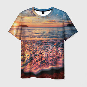 Мужская футболка 3D с принтом Sunset в Белгороде, 100% полиэфир | прямой крой, круглый вырез горловины, длина до линии бедер | закат | море | океан | пена | песок | пляж | прибой | прилив | рассвет