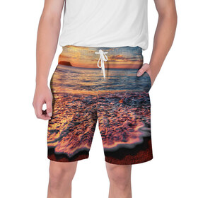 Мужские шорты 3D с принтом Sunset в Белгороде,  полиэстер 100% | прямой крой, два кармана без застежек по бокам. Мягкая трикотажная резинка на поясе, внутри которой широкие завязки. Длина чуть выше колен | закат | море | океан | пена | песок | пляж | прибой | прилив | рассвет