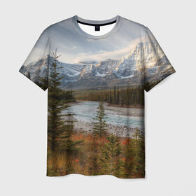 Мужская футболка 3D с принтом Осень в горах в Белгороде, 100% полиэфир | прямой крой, круглый вырез горловины, длина до линии бедер | Тематика изображения на принте: горы | лес | осень | пейзаж