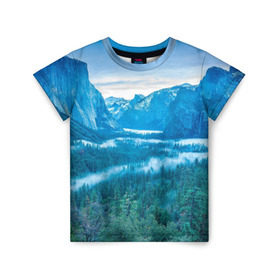 Детская футболка 3D с принтом Горный пейзаж в Белгороде, 100% гипоаллергенный полиэфир | прямой крой, круглый вырез горловины, длина до линии бедер, чуть спущенное плечо, ткань немного тянется | горный хребет | горы | каньон | лес | пейзаж | речка | туман | ущелье