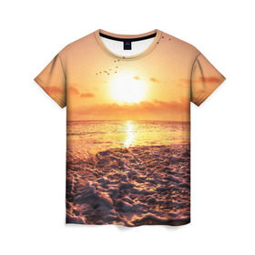Женская футболка 3D с принтом Закат в Белгороде, 100% полиэфир ( синтетическое хлопкоподобное полотно) | прямой крой, круглый вырез горловины, длина до линии бедер | sunset | жара | закат | зной | косяк | лето | море | облака | океан | отдых | пена | песок | пляж | прибой | прилив | рассвет | солнце | стая птиц