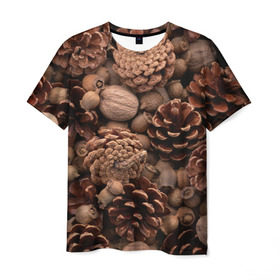 Мужская футболка 3D с принтом Шишки и орешки в Белгороде, 100% полиэфир | прямой крой, круглый вырез горловины, длина до линии бедер | дуб | ёлка | ель | жёлудь | иголки | кедр | лес | орех | орешки | осень | сосна | шишки