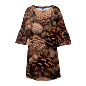 Детское платье 3D с принтом Шишки и орешки в Белгороде, 100% полиэстер | прямой силуэт, чуть расширенный к низу. Круглая горловина, на рукавах — воланы | дуб | ёлка | ель | жёлудь | иголки | кедр | лес | орех | орешки | осень | сосна | шишки