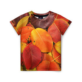 Детская футболка 3D с принтом Осенний покров в Белгороде, 100% гипоаллергенный полиэфир | прямой крой, круглый вырез горловины, длина до линии бедер, чуть спущенное плечо, ткань немного тянется | Тематика изображения на принте: жёлтый | золотой | красный | листва | листья | осень