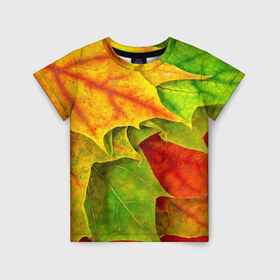Детская футболка 3D с принтом Осенний наряд в Белгороде, 100% гипоаллергенный полиэфир | прямой крой, круглый вырез горловины, длина до линии бедер, чуть спущенное плечо, ткань немного тянется | жёлтый | зелёный | красный | листва | листья | оранжевый