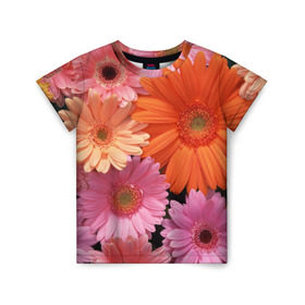 Детская футболка 3D с принтом Цветы в Белгороде, 100% гипоаллергенный полиэфир | прямой крой, круглый вырез горловины, длина до линии бедер, чуть спущенное плечо, ткань немного тянется | букет | георгины | жёлтый | красота | полевые | розовый | ромашки | фиолетовый | хризантемы | цветы