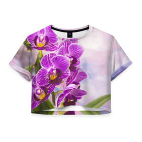 Женская футболка 3D укороченная с принтом Божественная орхидея в Белгороде, 100% полиэстер | круглая горловина, длина футболки до линии талии, рукава с отворотами | 8 марта | букет | весна | красота | куст | лето | орхидея | подарок | сиреневый цвет | цветок | шикарный цветочек