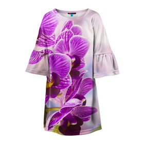 Детское платье 3D с принтом Божественная орхидея в Белгороде, 100% полиэстер | прямой силуэт, чуть расширенный к низу. Круглая горловина, на рукавах — воланы | 8 марта | букет | весна | красота | куст | лето | орхидея | подарок | сиреневый цвет | цветок | шикарный цветочек